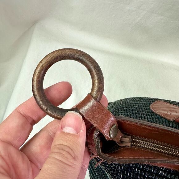 Dillard's VTG Black Fiber & Brown Genuine Leather Trim Hand Bag Tote Purse Italy - Picture 4 of 10